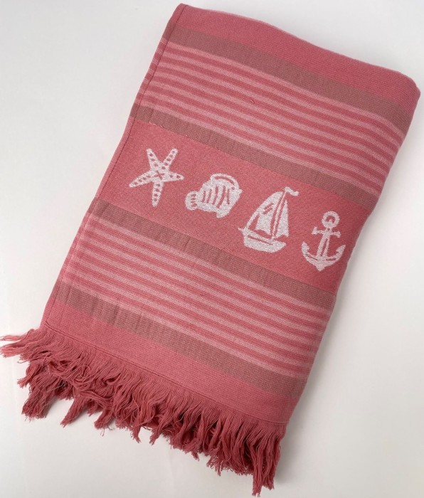 Пештемаль Белые якоря коралловый 70x140