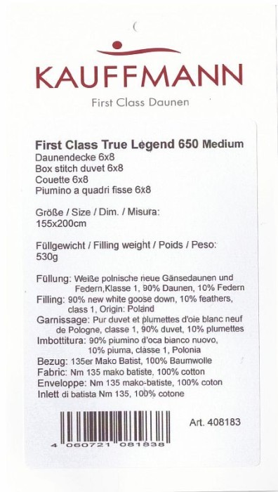 Одеяло "True Legend 650 medium" стеганное, пуховое 155х200