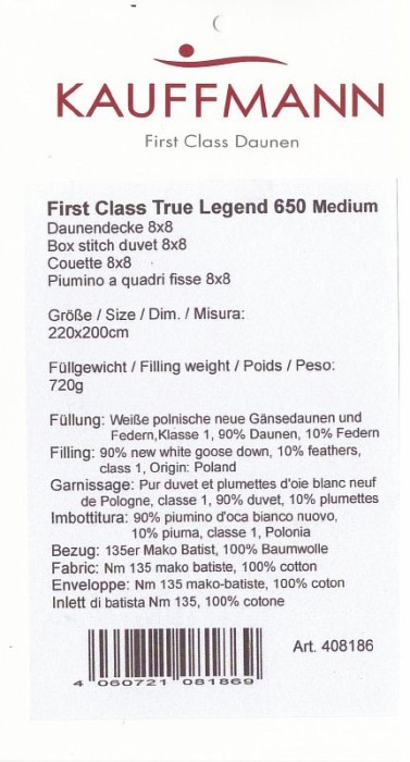 Одеяло "True Legend 650 medium" стеганное, пуховое 155х200