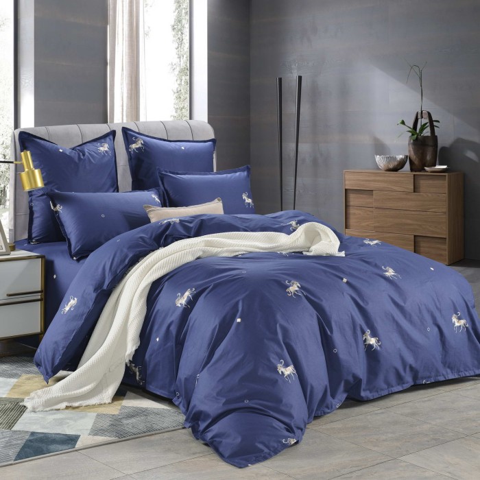 Алексия (синяя) Комплект постельного белья сатин Евро 4н