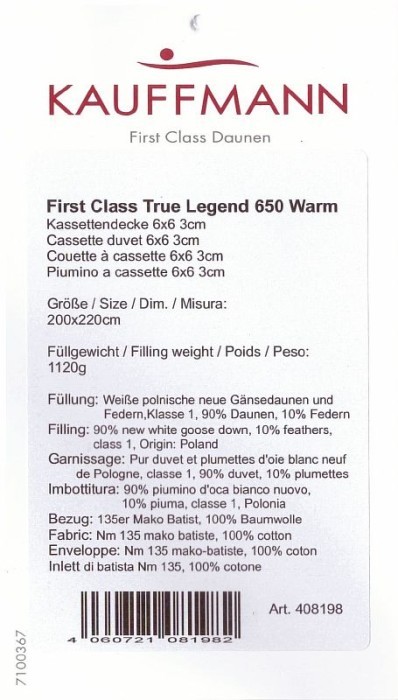 Одеяло "True Legend 650 warm" кассетное, пуховое 220х200