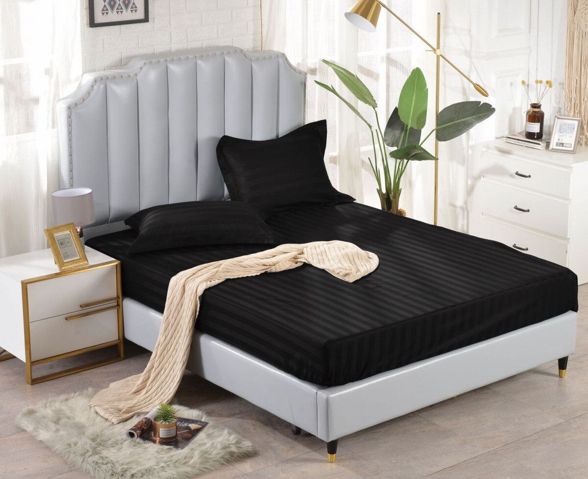 PRST-R-54 Простынь страйп-сатин на резинке черный  
