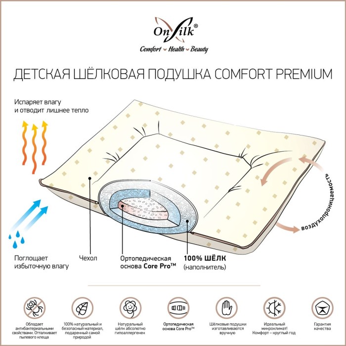 Подушка детская шелковая "Comfort Premium" очень низкая 40х60