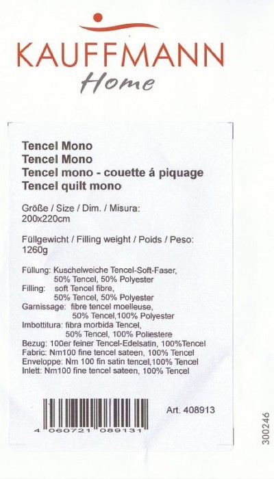 Одеяло "Tencel Mono" medium Стеганное с функцией комбинирования	220х200