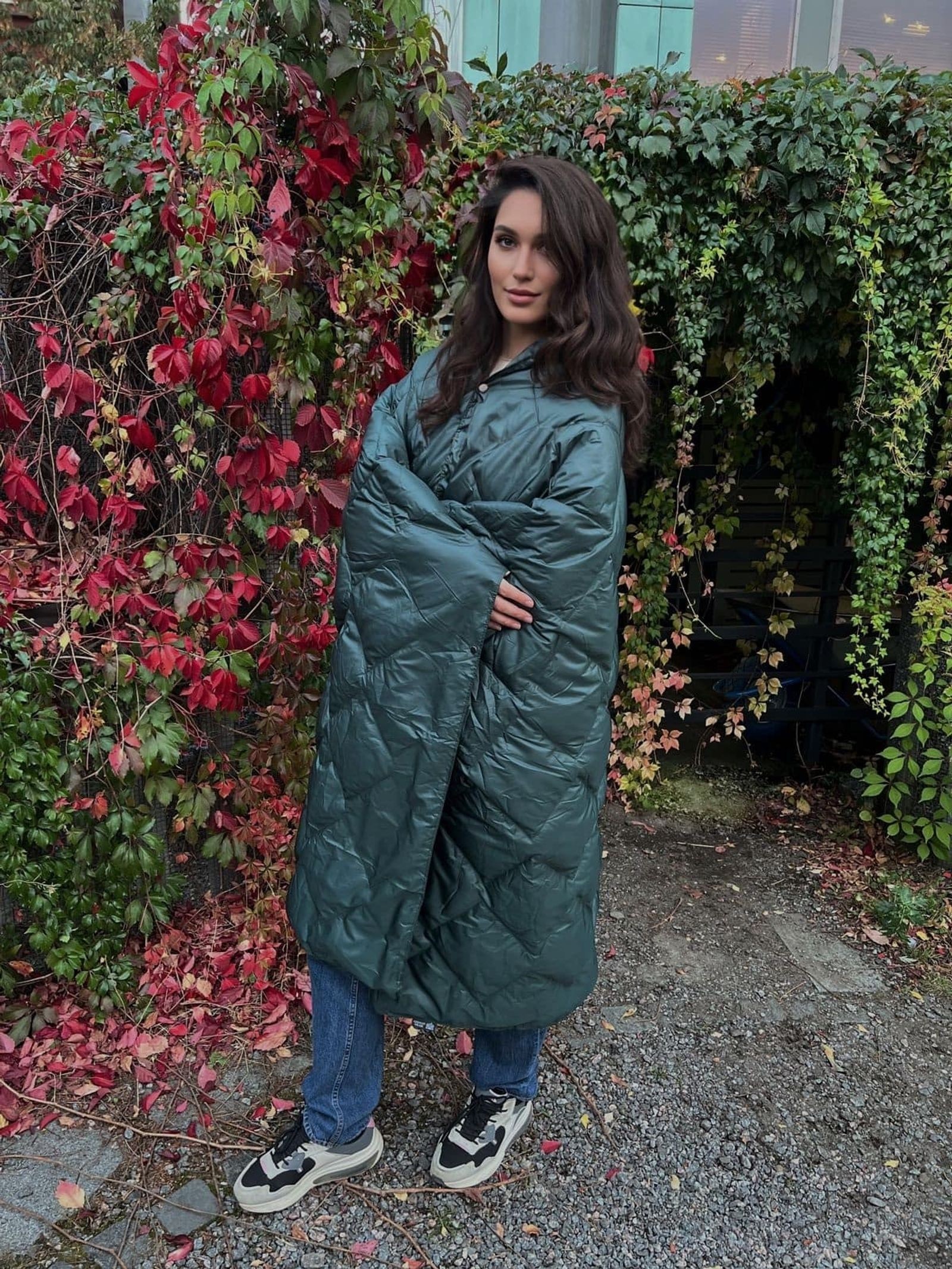 Дорожный плед-пончо пуховый Travel Cape Plaid Grass DARK GREEN 130х170