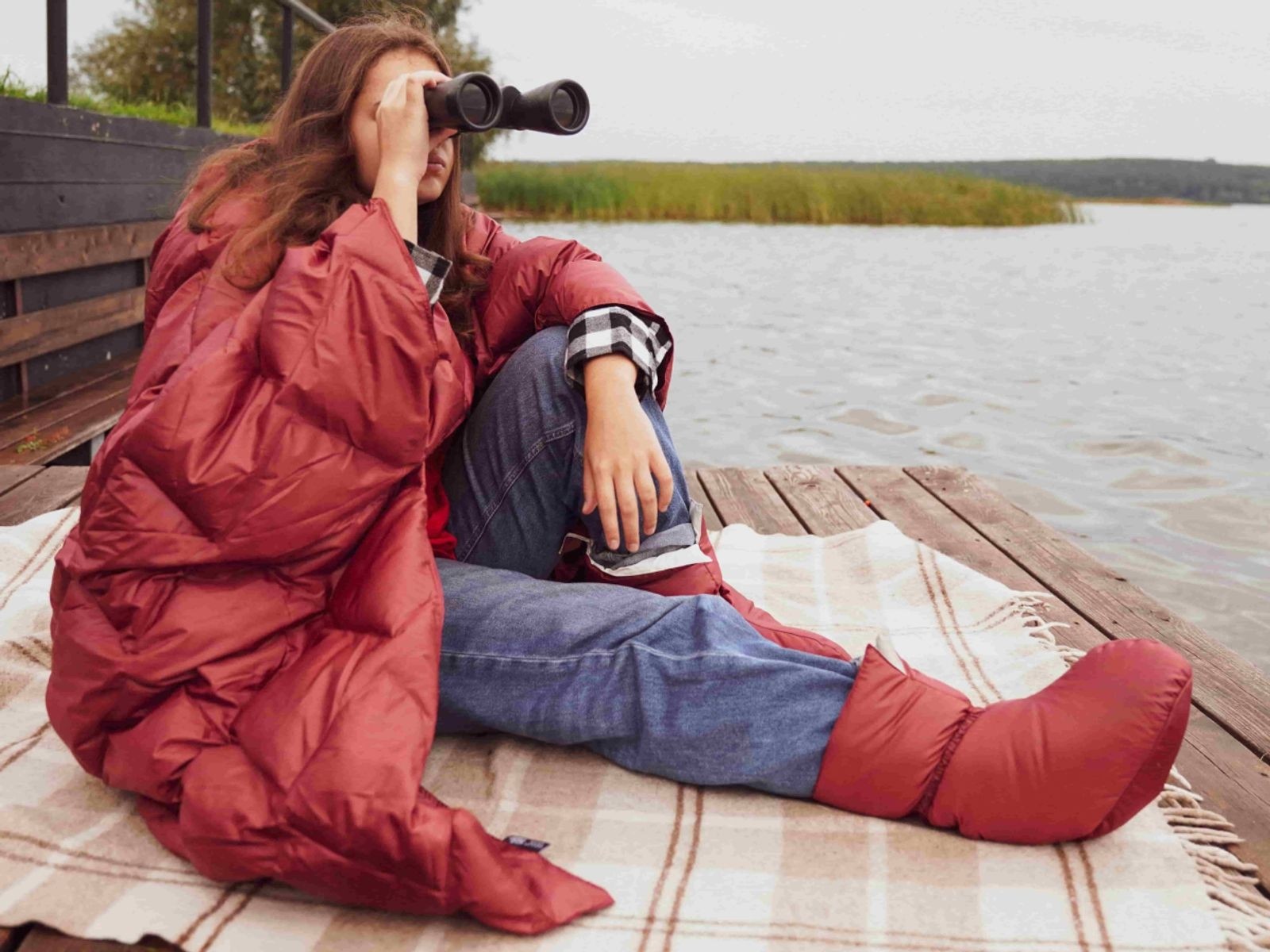 ​​​​​​​ Дорожный плед-пончо пуховый Travel Cape Plaid Grass MARSALA 130х170