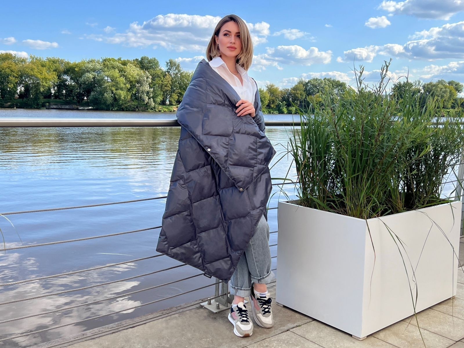 Дорожный плед-пончо пуховый Travel Cape Plaid Grass INDIGO 130х170