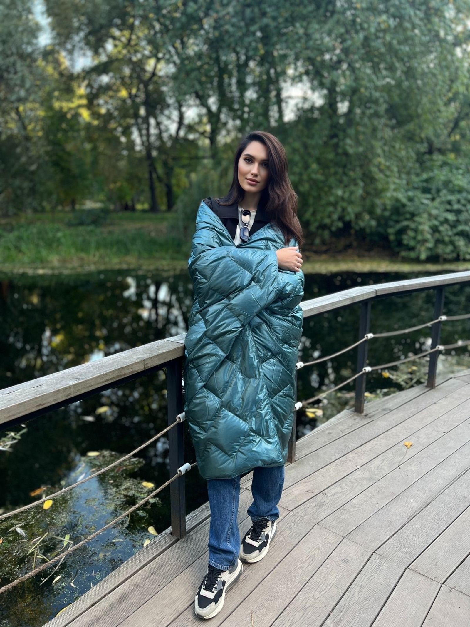 Дорожный плед-пончо пуховый Travel Cape Plaid Grass Aqua 130х170