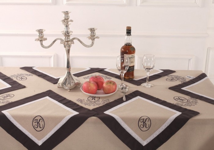 Скатерть Лен Ла-Рошель бежевый/шоколадный 180 х 360 см